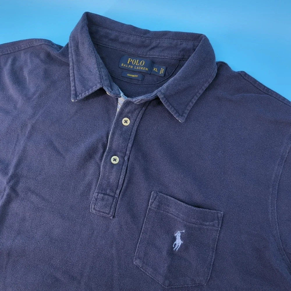 Polo Ralph Lauren Mens XL Custom Fit Navy Blue Mesh Pocket Shirt Short Sleeve